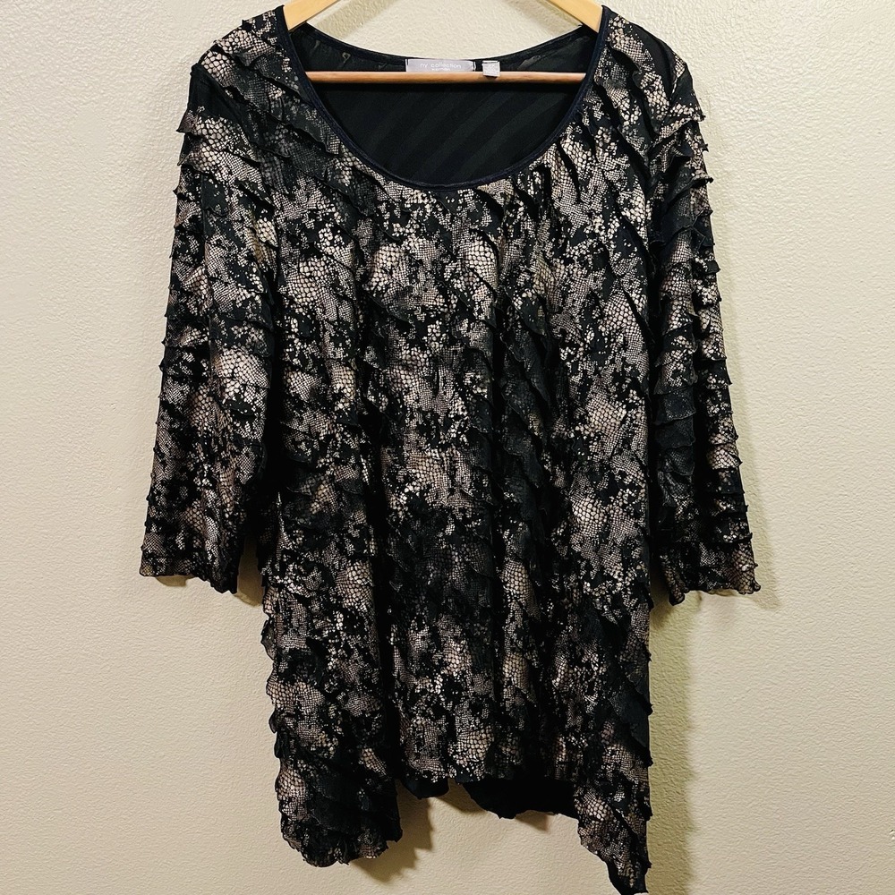 NY Collection Tiered Top Lace Optic‎ Black Beige Asymmetrical Whimsygoth Sz 2X